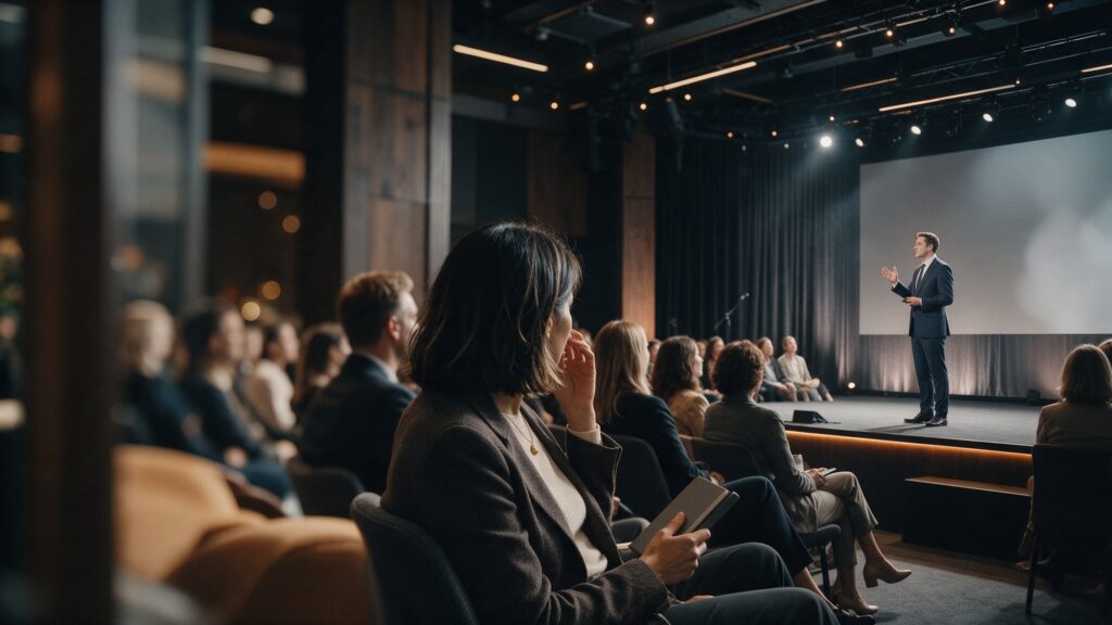 Organizacja konferencji Uczestnicy konferencji słuchający prelegenta na scenie – Doctor Event