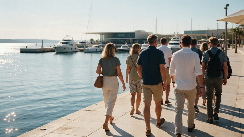 Wyjazd incentive nad morzem Uczestnicy wyjazdu incentive spacerujący po marinie – Doctor Event